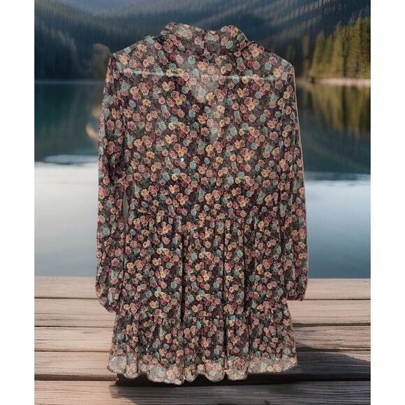 EUC Chic Zara Floral Tiered Mini Dress / Blouse W/ Bow Tie Boho Cottage Core M - Picture 2 of 5